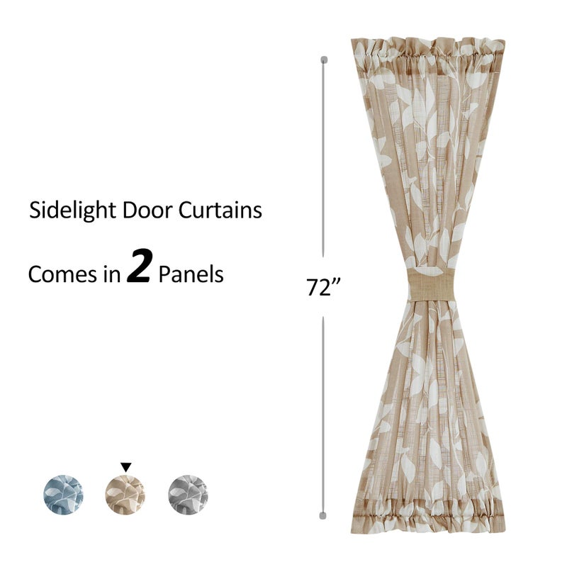Treatmentex Sidelight French Door Panels 72inches Long Leaf Print Design Narrow Side Door Window Curtains for Front Back Glass Doors Linen Textured Taupe 26" W x 1Pair - Image 2